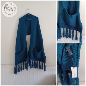 NWT Anthropologie Pilcro Fringe Pocketed Knitted Scarf Pocket Teal Long HTF